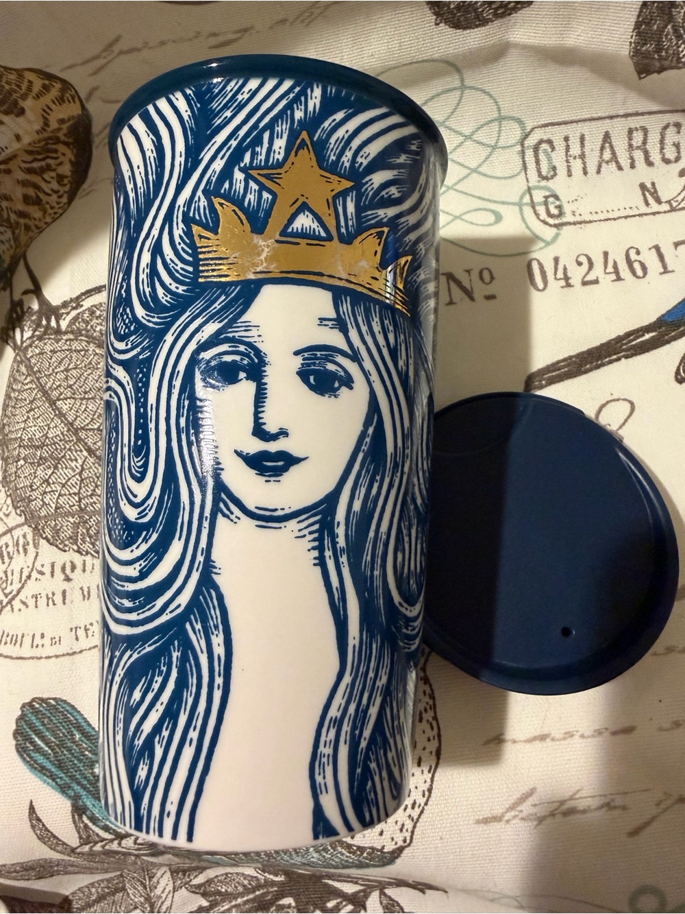 Starbucks Blue and Gold Illustrated Woman Ceramic Tumbler